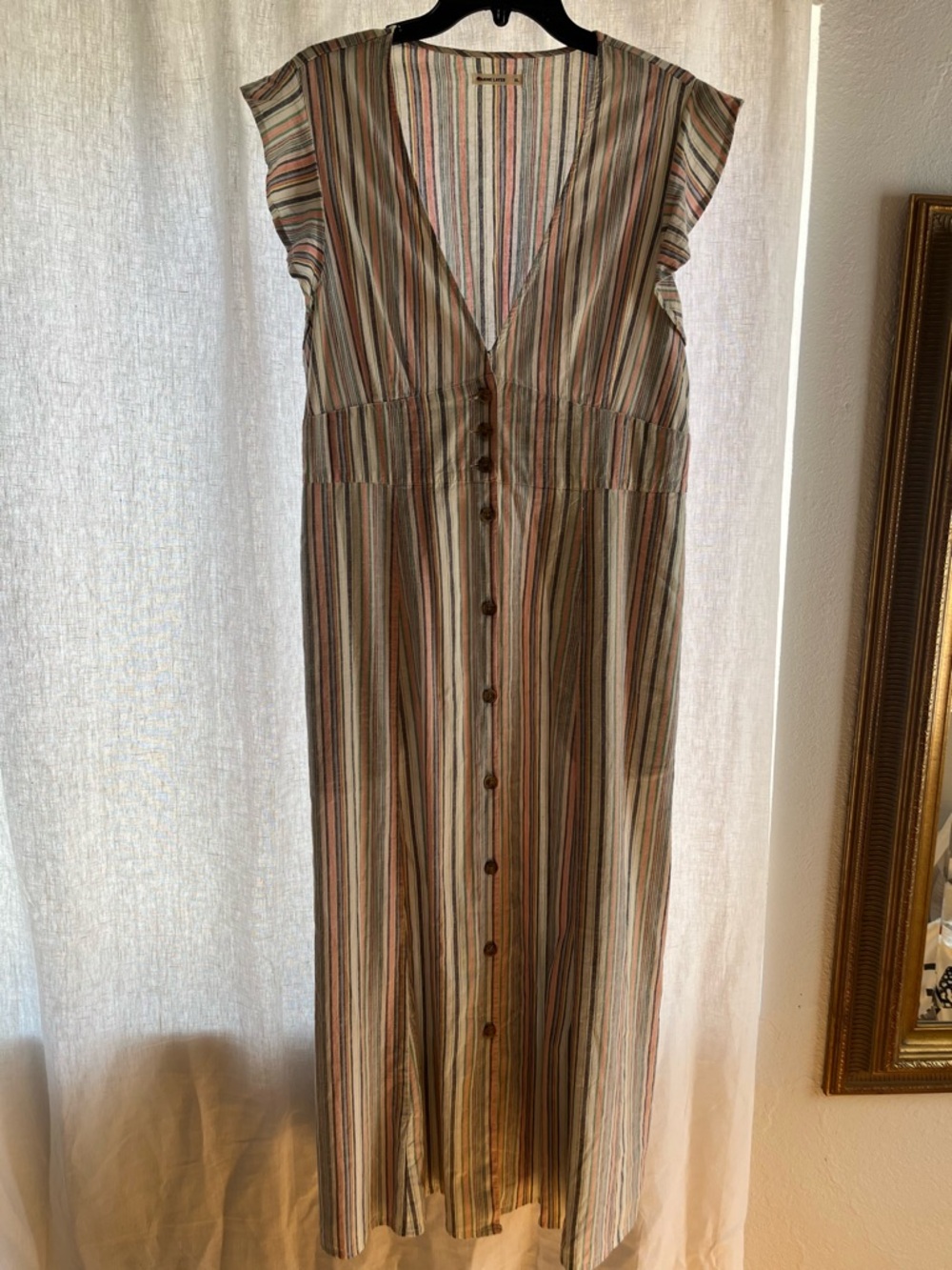 Marine Layer Striped Button-Front Maxi Dress in Tan, Green, Blue, Pink